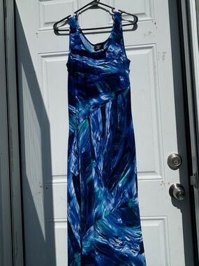 Abstract Coastal Blue Sleeveless Maxi Dress by Libra